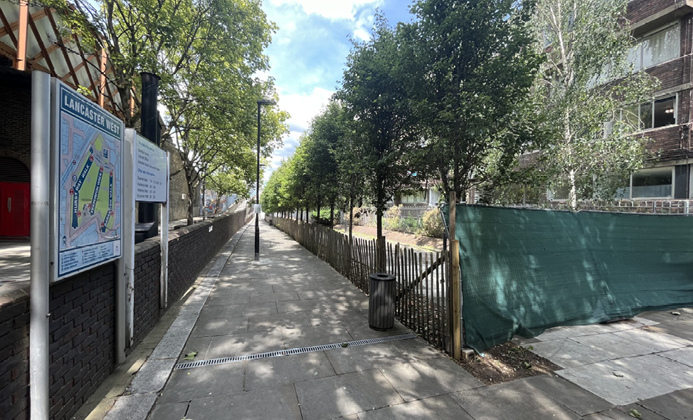 View along Station Walk pedestrian access with Bramley Road