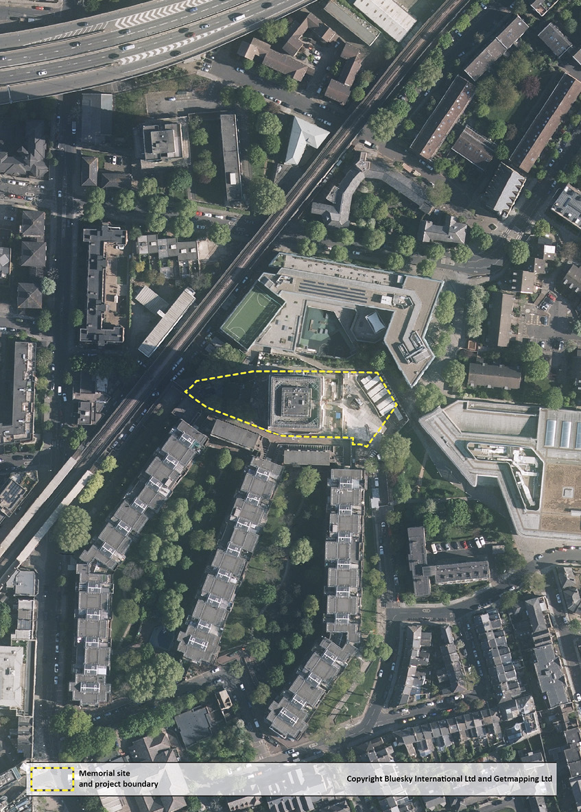 Aerial view of Grenfell Tower site and surrounding area