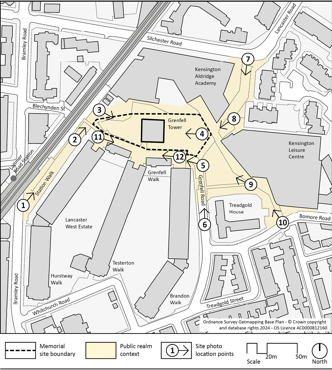 Ordinance Survey Base Plan indication of memorial site photo locations